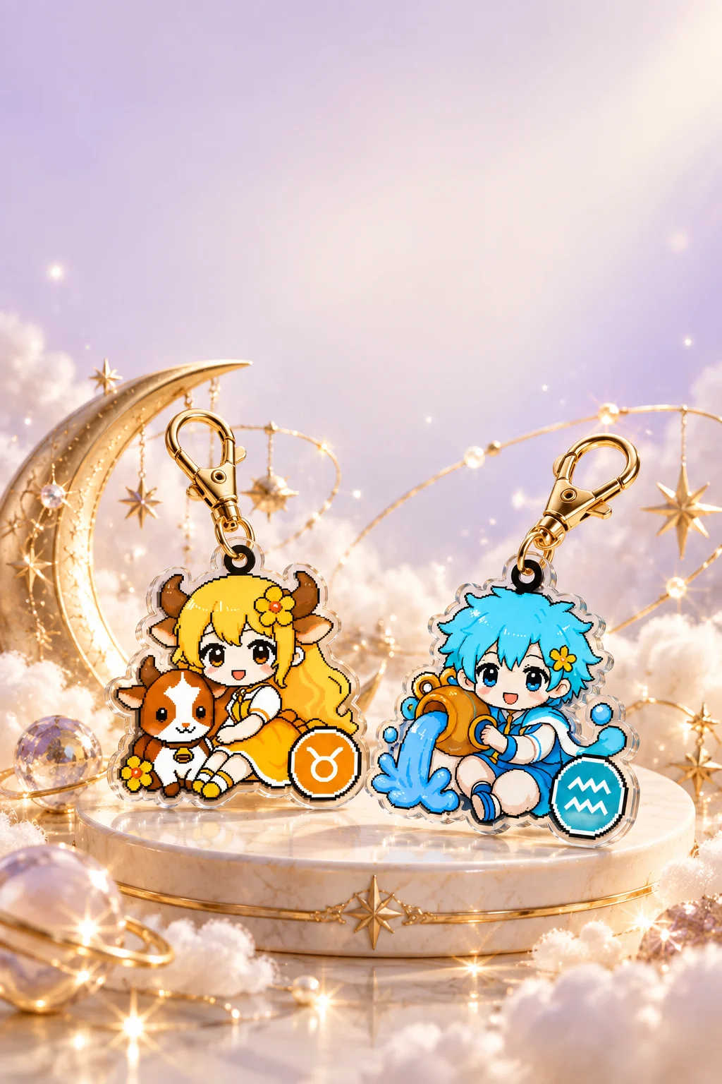 星月與奶油雲朵之間,金牛女生和水瓶男生星座吊飾的夢幻商品展示