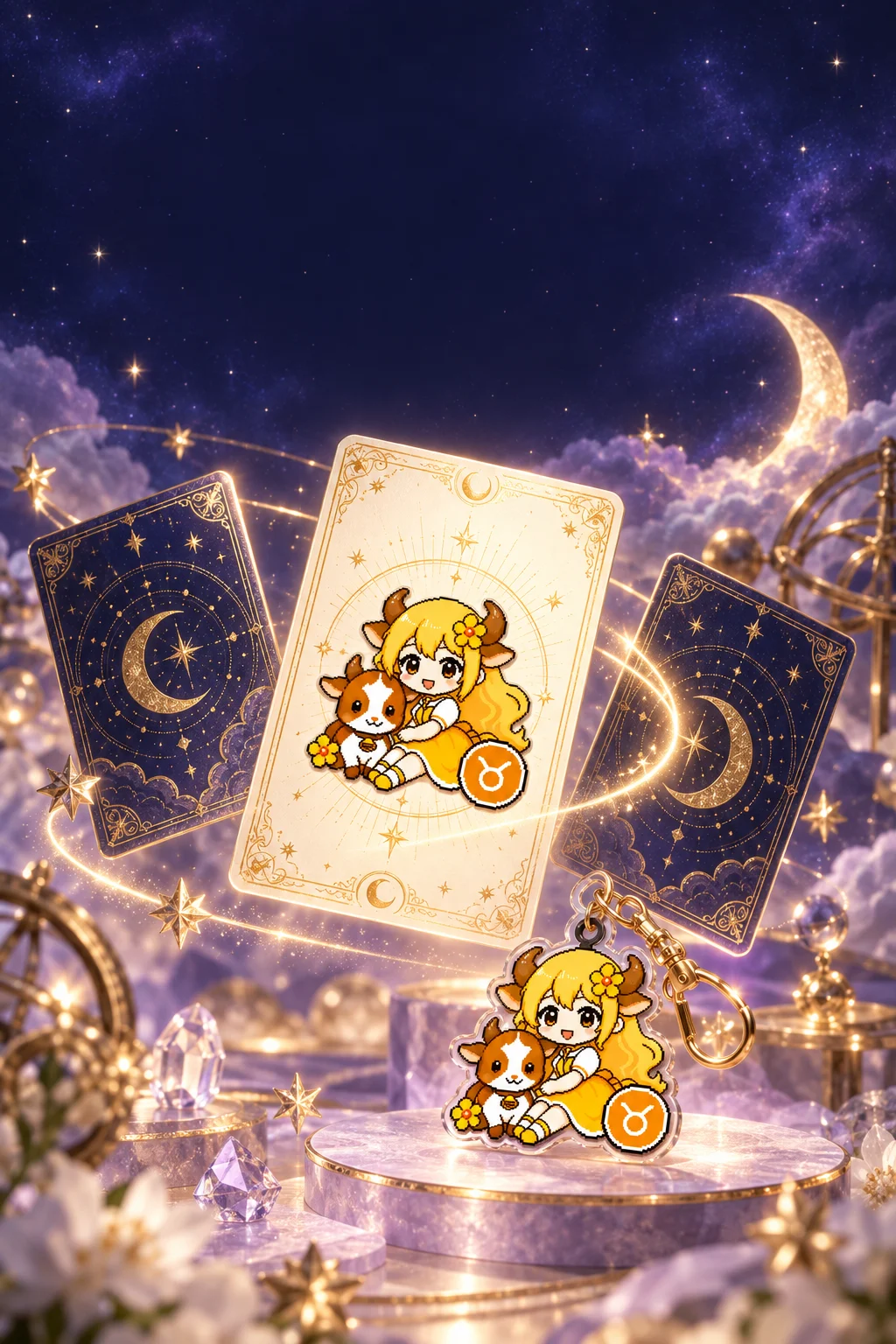 深紫星空裡,金色星軌環繞翻飛的星座卡片與金牛小夥伴